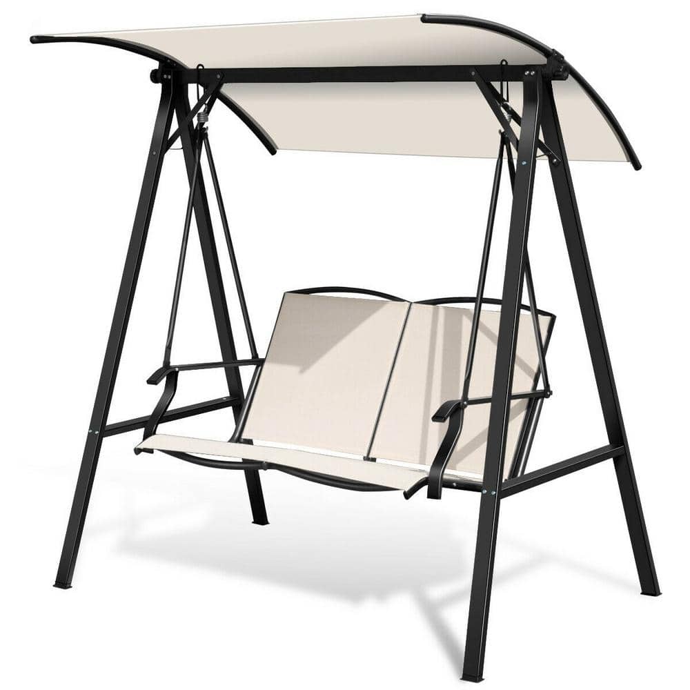 WELLFOR Black 2Person Metal Porch Swing with Beige Adjustable Sunshade