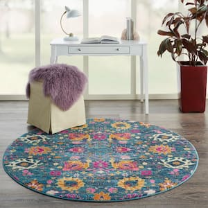 Passion Denim 4 ft. x 4 ft. Floral Transitional Round Rug
