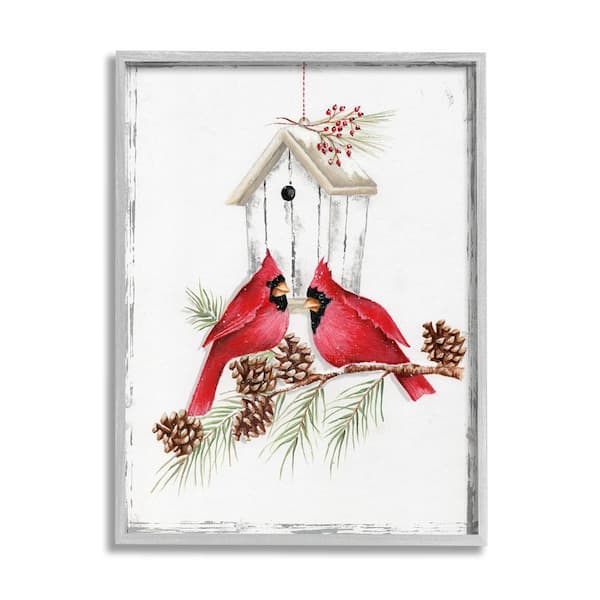 Stupell Industries Cardinals and Snowy Birdhouse by Emma Leach 1-Piece Framed Graphic Print Animal Poster Art Print 20 in. x 16 in.