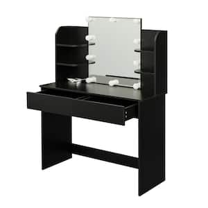 42.52 x 15.75 x 52.76 in. Rectangular Black LED Furniture Dressing Table Makeup Table Stool Set with Mirror and-Drawers