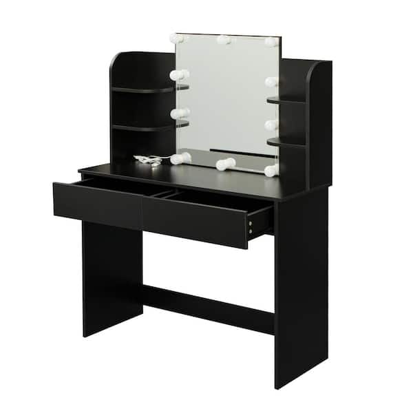 sumyeg 42.52 x 15.75 x 52.76 in. Rectangular Black LED Furniture Dressing Table Makeup Table Stool Set with Mirror and-Drawers