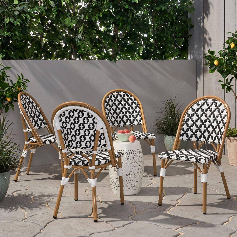 Bamboo Finish Aluminum Bistro Dining Chair Set, Black and White, Set of 4