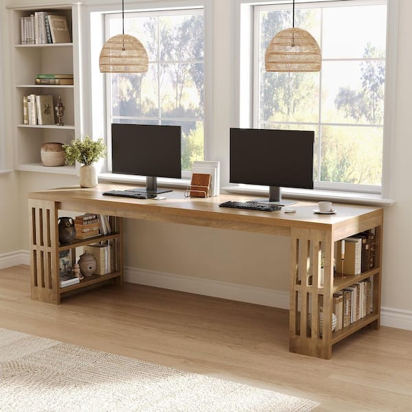 Lanita 79 in. Rectangle Brown Wood Computer Desk with Storage Shelves, Farmhouse Extra Long Double Office Executive Desk