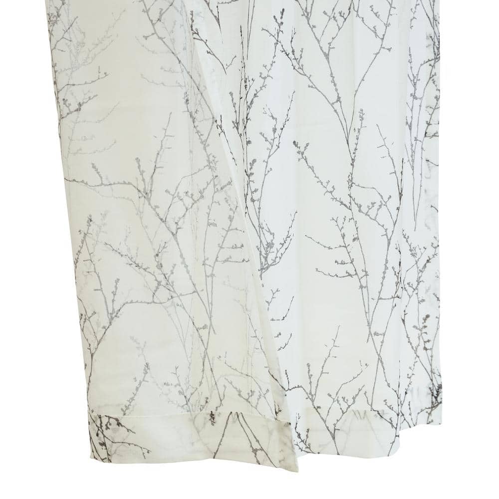 White Polyester Light Filtering Grommet Curtain Panel with Branch Motif