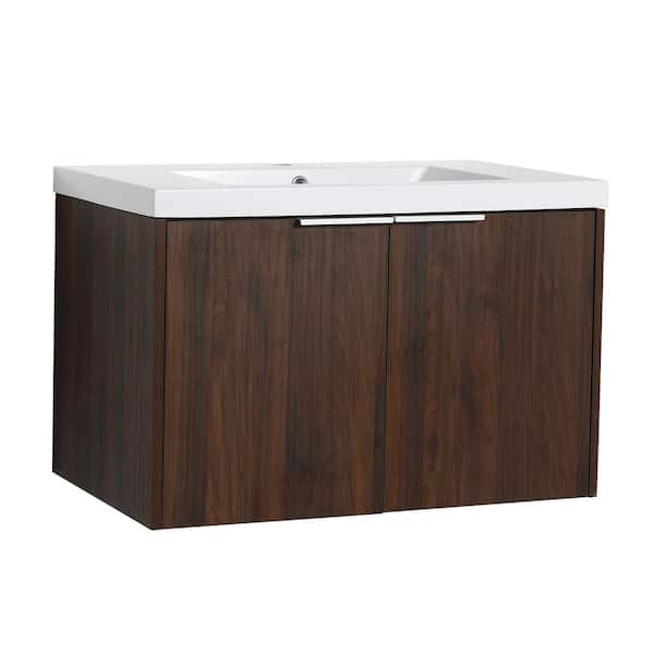 Unbranded 30 in. W x 18 in. D x 19 in. H Single Sink Wall-Mount Bath Vanity in Brown with Resin Top in White for Small Bathroom