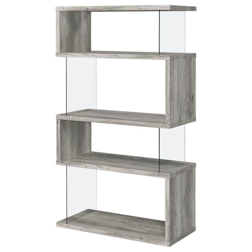 Zigzag Contemporary 63" Gray Wood Bookcase with Glass Panels