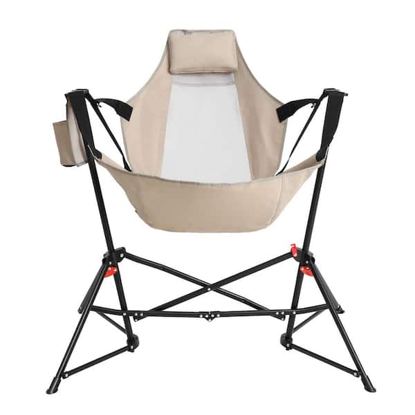 KHAKI Steel Hammock Camping Chair Folding Portable Rocking Chair with Pillow, Cup Holder & Carry Bag