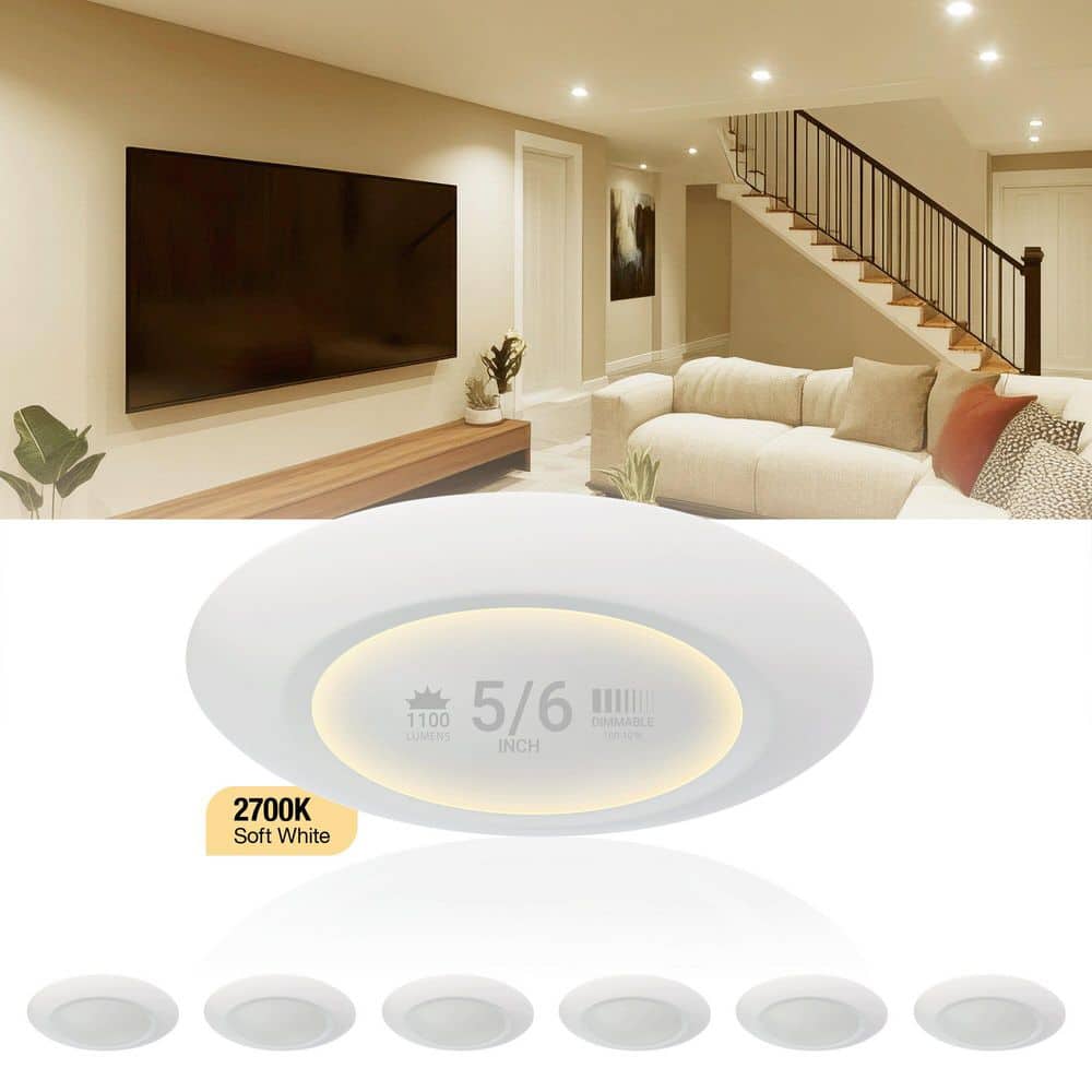 6-Pack 5/6 in. Flush Mount LED Disk Light 2700K Soft White, CRI 90, 1100 Lumens, 3o/4o J-Box Compatible, Dimmable