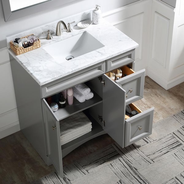 36 inch Single Solid Wood Bathroom Vanity Set, with Drawers, Carrara White Marble Top, 3 Faucet Hole, White, Size: Large