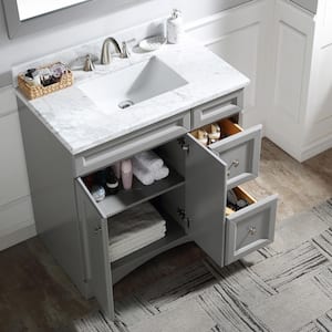 36 in. W x 22 in. D x 35.4 in. H Single Sink Solid Wood Bath Vanity in Gray with Carrara White Marble Top and Basin