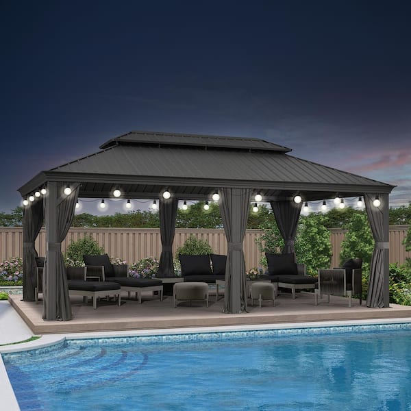 PURPLE LEAF 12 ft. x 18 ft. Gray Patio Outdoor Gazebo for Backyard Hardtop Aluminum Frame with Hooks, Netting, Curtain 24-Lights
