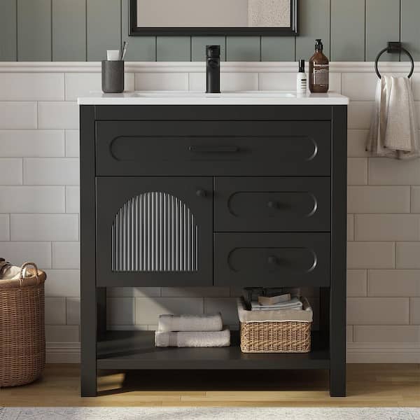 Obsidian 31 in. W x 19 in. D x 34.5 in. H Single Sink Freestanding Bath Vanity in Black with White Resin Top