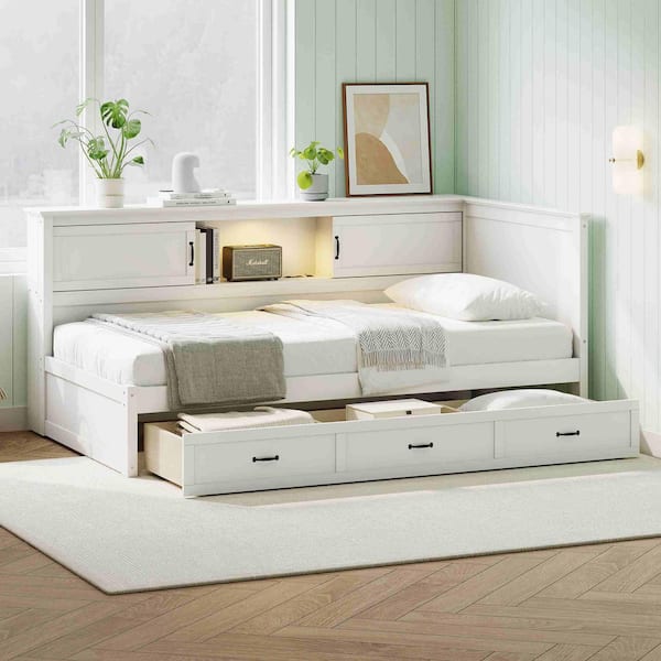White Full Daybed with Drawer and Bookcase, LED Downlight and USB Port