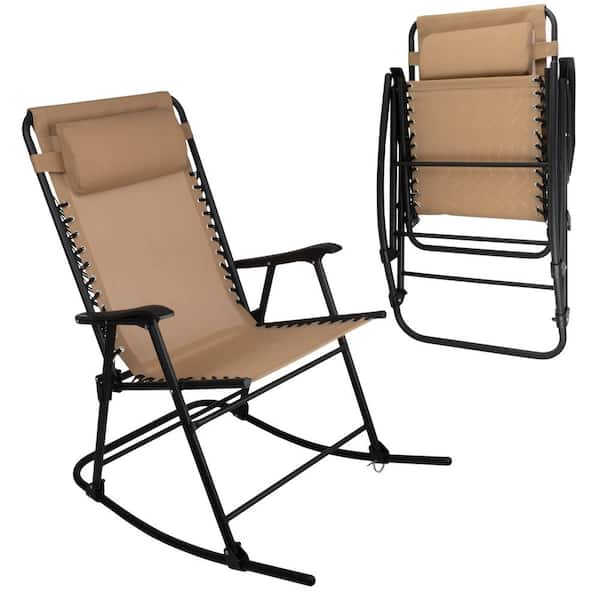 Black Metal Frame Textilene Outdoor Glider-Outdoor Zero Gravity Folding Lounge Rocker with Pillow, Beige