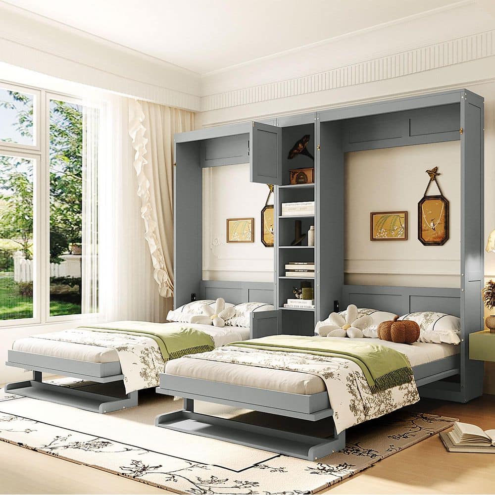 Harper & Bright Designs Gray Wood Frame Dual Twin size Wall Murphy