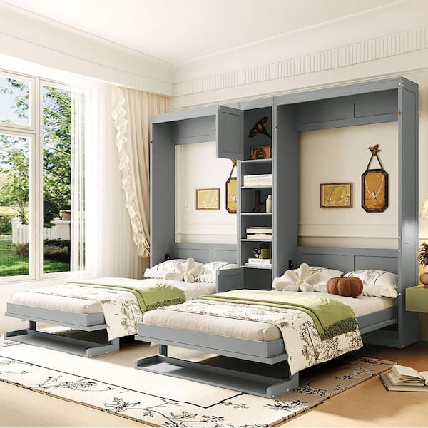 Gray Wood Frame Dual Twin size Wall Murphy Beds with Cabinets and Shelves
