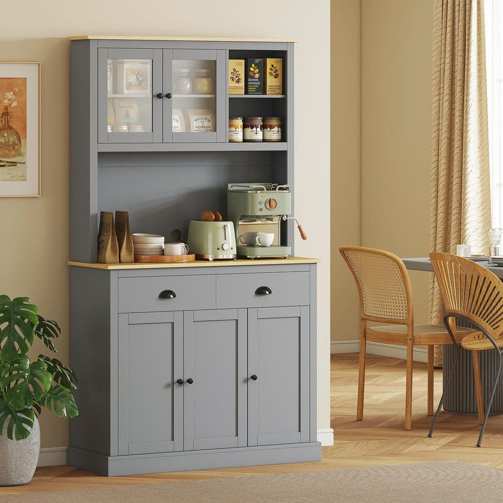 "71"" Kitchen Pantry Gray Storage Cabinet with Microwave Stand, Modern Kitchen Hutch with Glass Doors, Storage Drawers" price history on PriceWatchPro