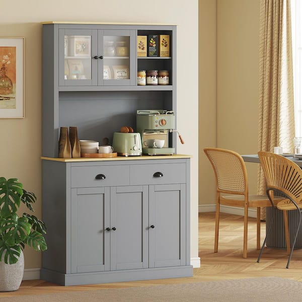 71" Kitchen Pantry Gray Storage Cabinet with Microwave Stand, Modern Kitchen Hutch with Glass Doors, Storage Drawers