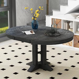 Farmhouse Style Black Wood Extendable 56 in. Pedestal Base Dining Table Seats 6 with 14 in. Leaf