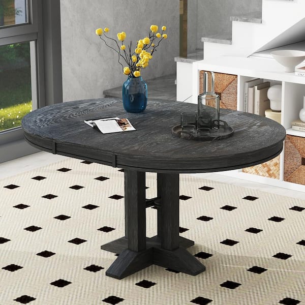 Harper & Bright Designs Farmhouse Style Black Wood Extendable 56 in. Pedestal Base Dining Table Seats 6 with 14 in. Leaf