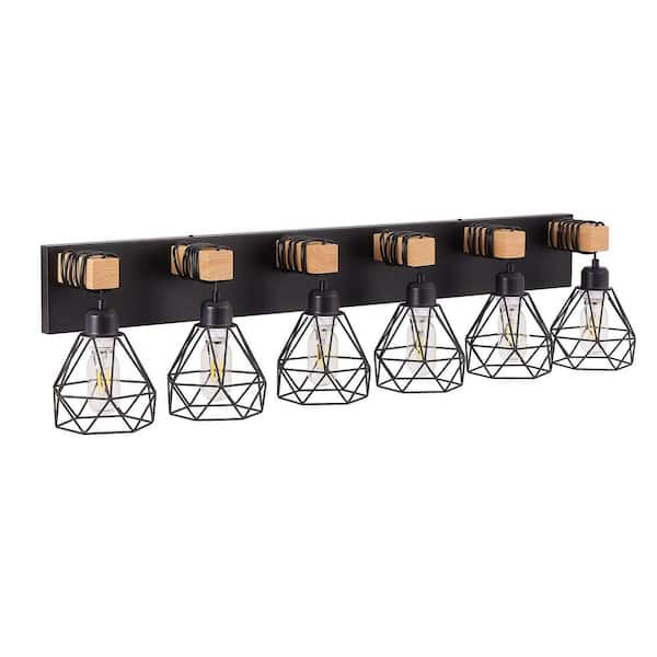 VEVETTA 40 in. Modern Geometric 6-Light Bathroom Vanity Light with Wooden Accents and Cage Lampshade (Bulb Not Included)