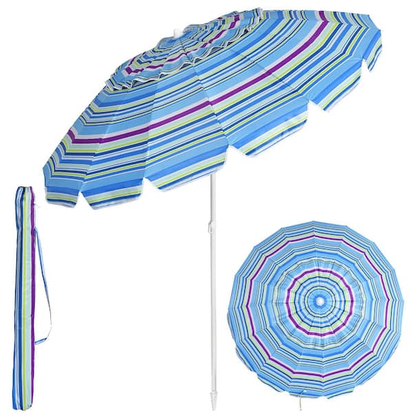 Costway 8 ft. Metal Market Tilt Patio Bench Umbrella in Blue with Sand Anchor Carry Bag