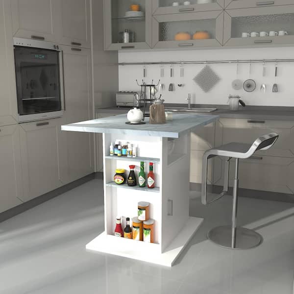Tileon Kitchen Table With Storage Cabinets, Center Island With Dividers And Storage, Kitchen Storage Organization - White