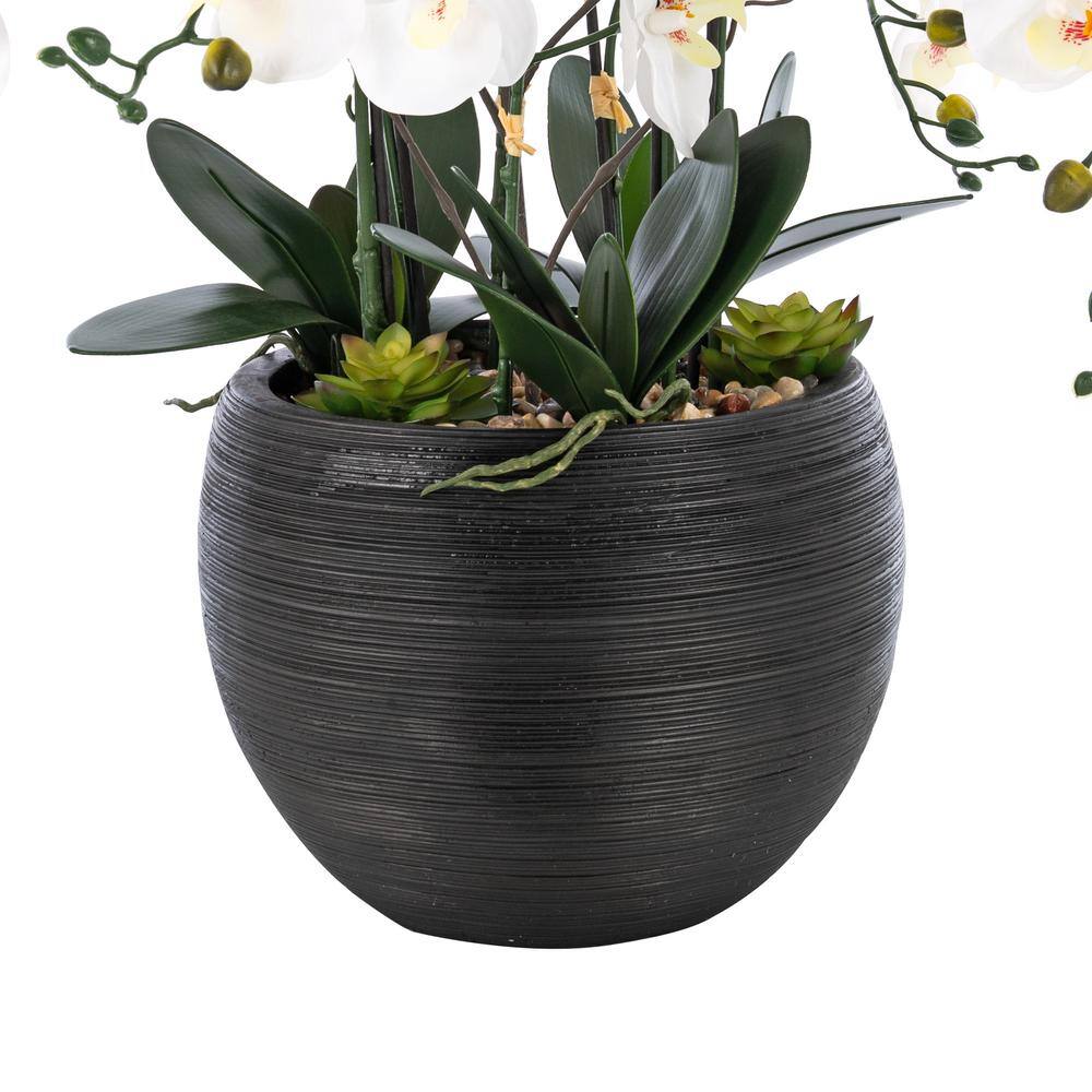 Large White and Green Plastic Orchid Arrangement in Black Pot