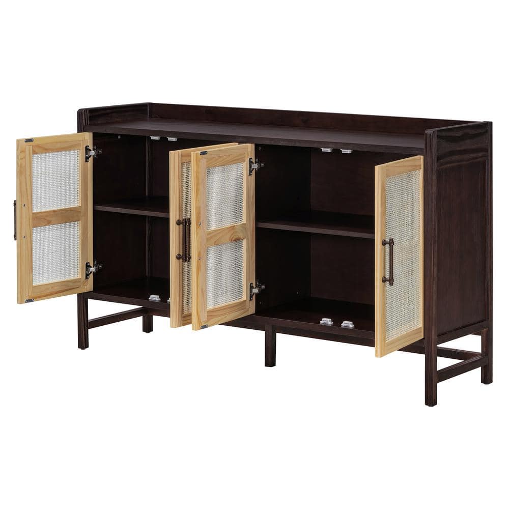 Natural Walnut Wood 60 in. Sideboard with Rattan Doors