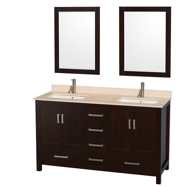 Wyndham Collection Sheffield 60 in. Double Vanity in Espresso with Marble Vanity Top in Ivory and 24 in. Mirrors