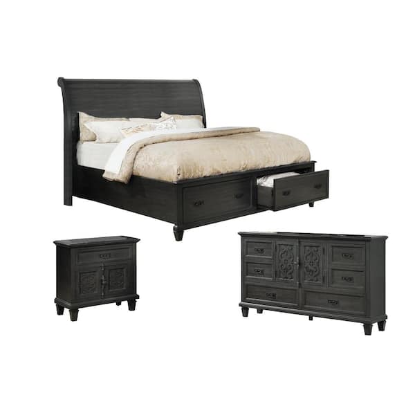 Best Quality Furniture Sleigh 3-Piece Rustic Grey Eastern King Platform Bedroom Set
