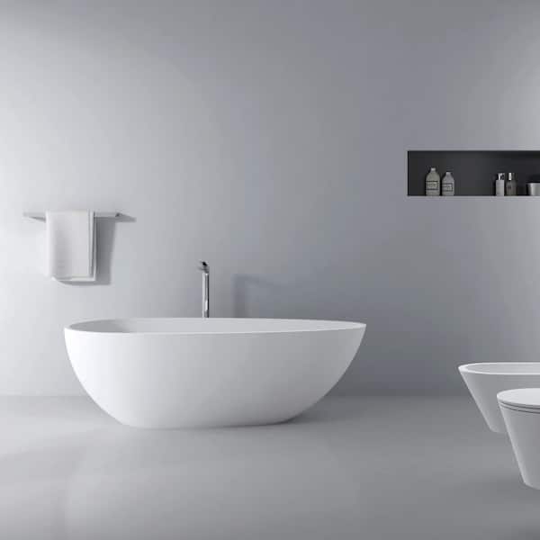 ANGELES HOME 66.9 in. x 34 in. Stone Resin Solid Surface Freestanding Soaking Bathtub in Matte White