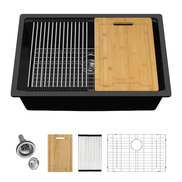 Logmey 28 in. Undermount Single Bowl Black Quartz Composite Workstation Kitchen Sink with Bottom Grids and Cutting Board