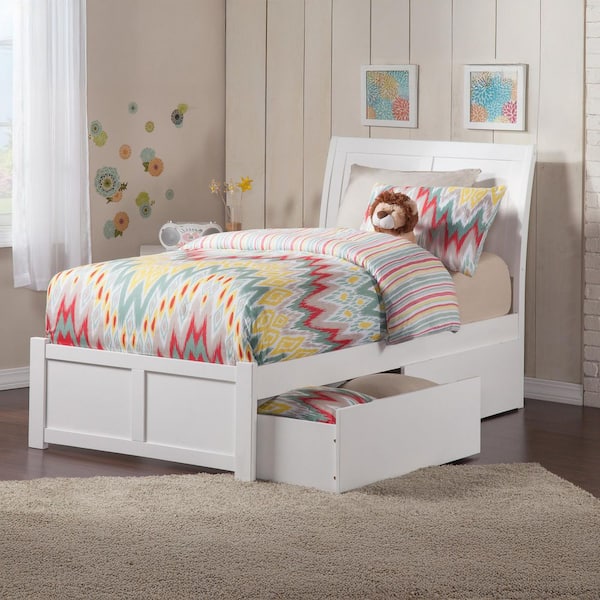 AFI Portland White Twin XL Solid Wood Storage Platform Bed with Flat Panel Foot Board and 2 Bed Drawers