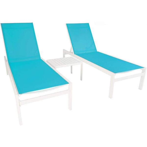 KOZYARD Modern White Frame 2-Pieces Aluminum Patio Reclinging Adustable Chaise Lounge with Sunbathing Blue Textilence and Table