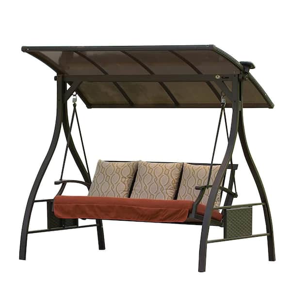 Clihome 3-Seat Metal Frame Patio Swing Chair, Outdoor Porch Swing with Solar LED Light and Cushions