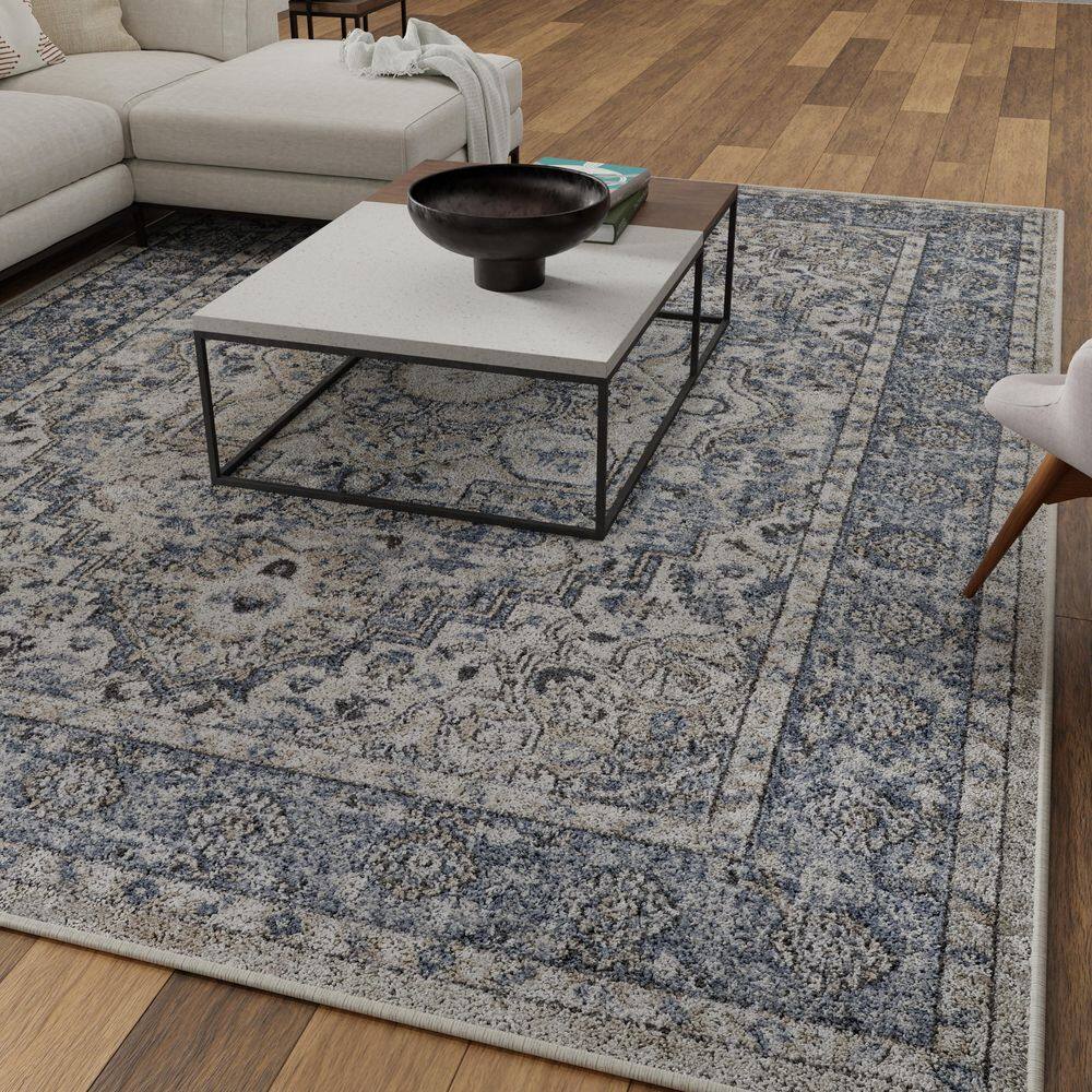 Blue and Beige Floral Medium Pile Synthetic Area Rug