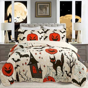 ME503 Halloween Beige Pumpkin Bat Black Cat Full Size Polyester Quilt Bedspread Set