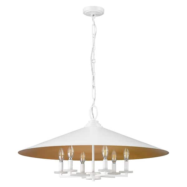 Unbranded - Rialto 32 in. Matte White 6 Light Pendant with Matte White Outer, Signature Rubbed Brass Inner Steel Shade