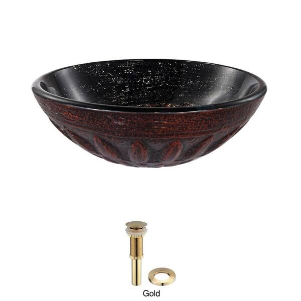 KRAUS Magma Glass Vessel Sink in Brown with Pop-Up Drain and Mounting Ring in Gold