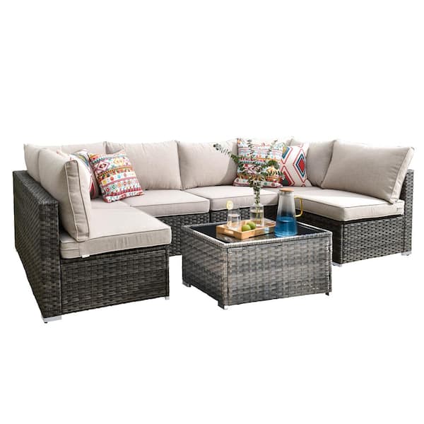 Helene Gray 7-Piece Wicker Outdoor Furniture Patio Conversation Sectional Sofa Set with Beige Cushions