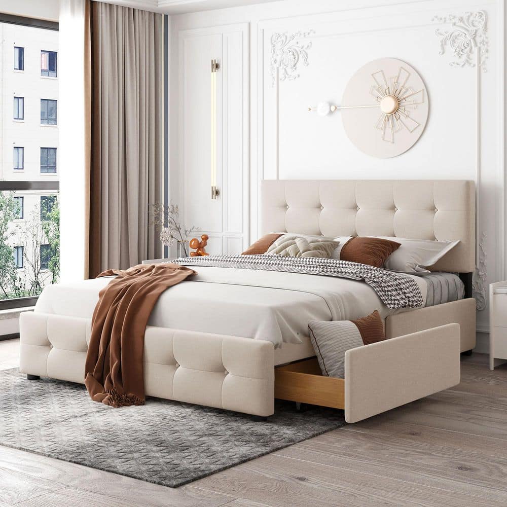 Harper & Bright Designs Beige Linen Upholstered Wood Frame Queen Size Platform Bed with 4-Drawers QHS057AAA-Q