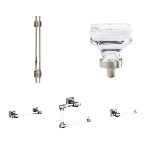 Glacio Clear/Satin Nickel Pull (5-1/16 in.), Knob (1-3/8 in.), Towel Bar (8 in.), Ring (5-7/16 in.) and Holder