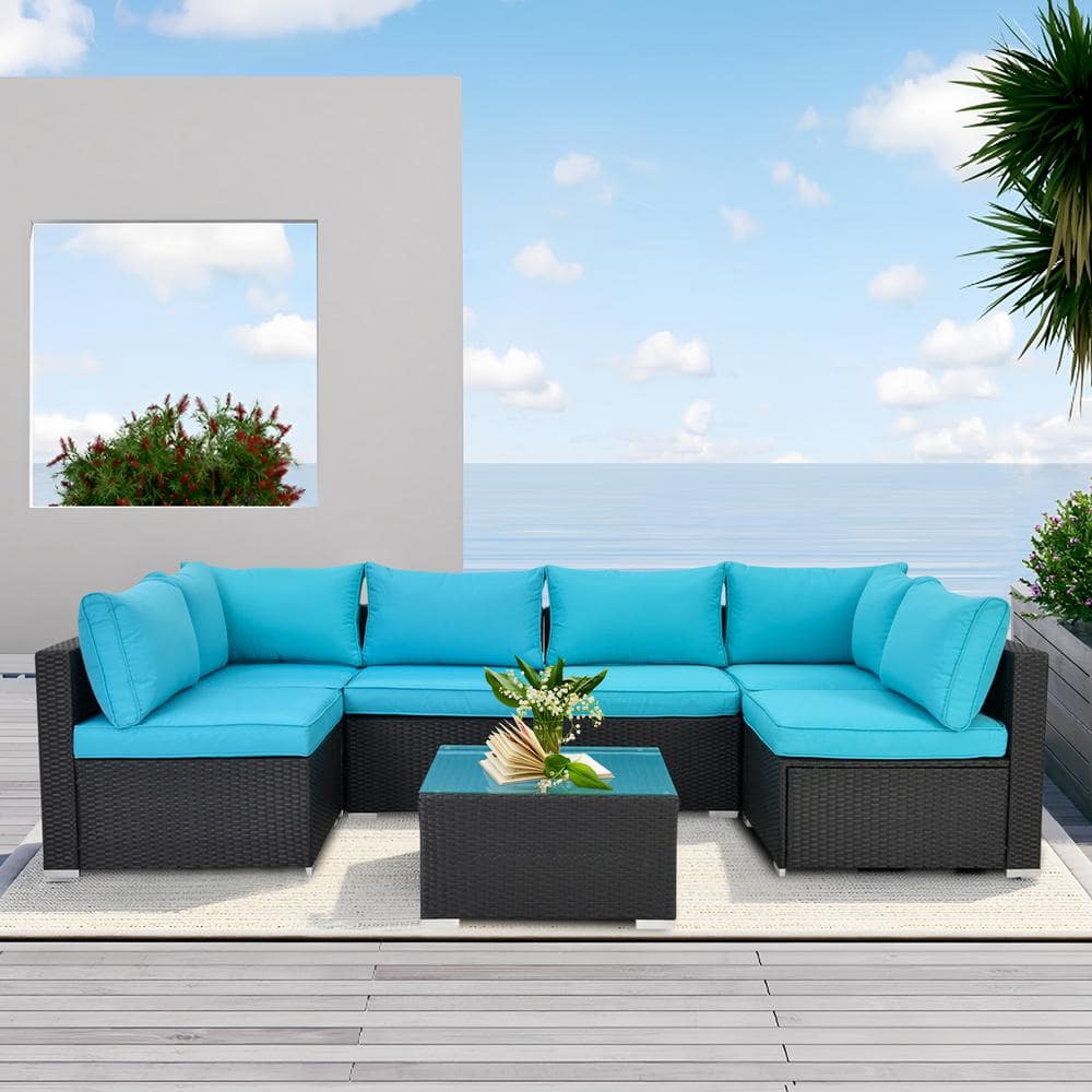 Wicker Outdoor Patio Conversation Set with Blue Cushions, Stylish & Comfort