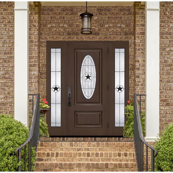 Regency 68 in. x 80 in. 3/4L Oval Alamo Glass RHIS Hkry Mahogany Fiberglass Prehung Front Door w/ 14 in.-Full SLs 4-9/16