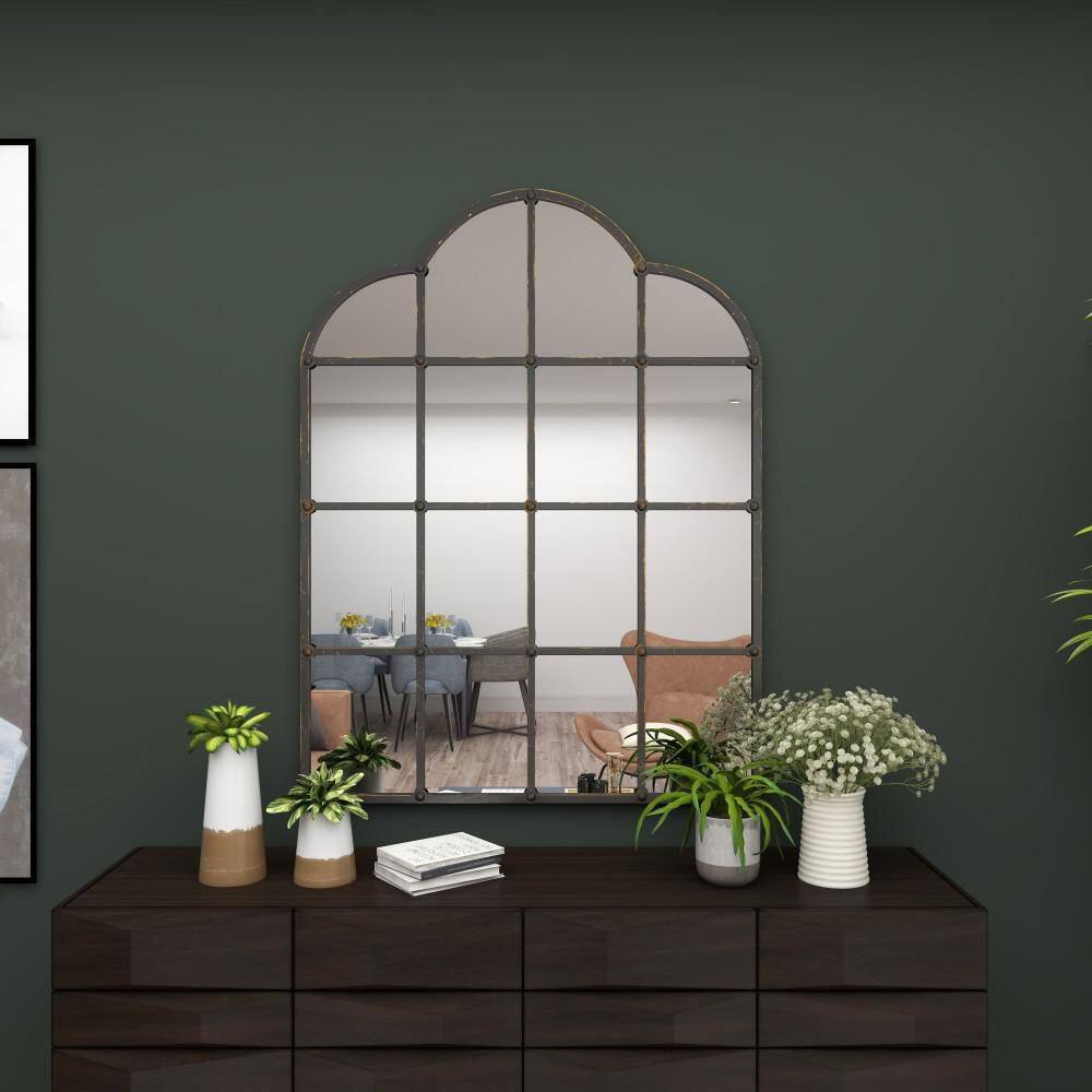 Arched Black Metal Window Pane Wall Mirror