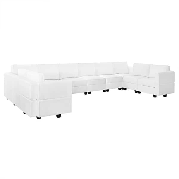 MAYKOOSH 164.38 in. W Faux Leather 10-Seater Living Room Contemporary Sectional Sofa for Streamlined Comfort in White