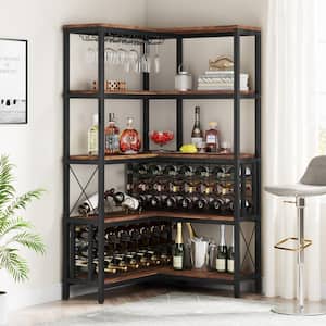 Walter 62.99 in. Brown Wood 5-Tier L-Shaped Wine Cabinet with 5-Storage Shelf, Hanging 42-Wine Bottles and 10-Glasses