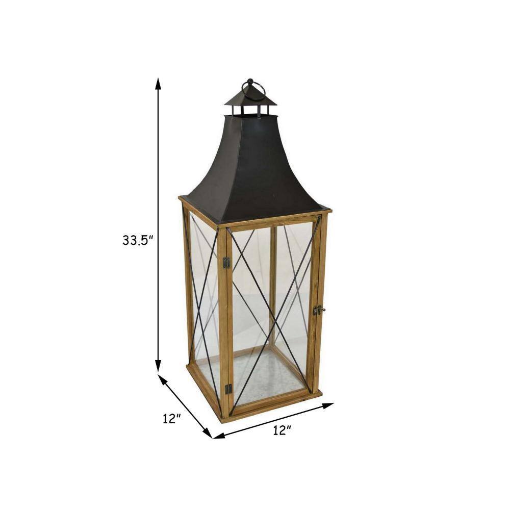 33.5'' Brown and Black Wood and Glass Hanging Lantern
