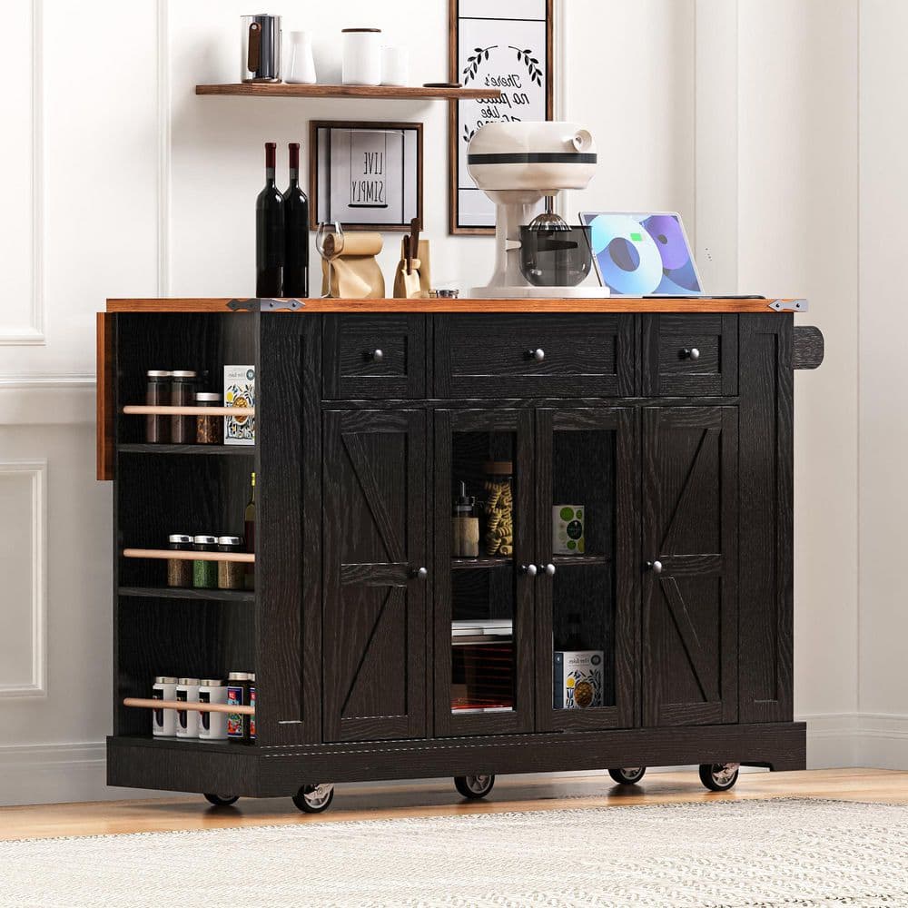 Farmhouse Black Drop Leaf Wood Countertop 53 in. Kitchen Island Cart with Power Outlet, 2-Tempered Glass Doors